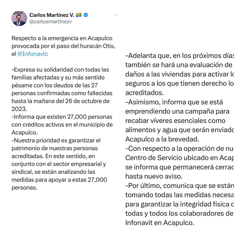 Infonavit expresa su apoyo a las y los  damnificados ante el paso del del huracán Otis